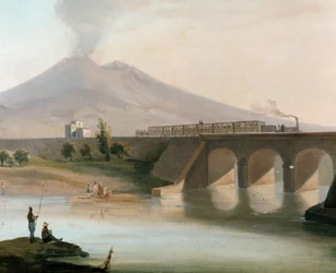 Veduta della linea ferroviaria tra Torre Annunziata e Nocera, nella regione di Napoli, inaugurata nel 1844, con il Vesuvio visibile sullo sfondo (Veduta della linea ferroviaria tra Torre Annunziata e Nocera, presso Napoli) - XIX secolo, Museo Nazio
