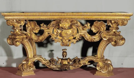 Tavolo da parete con piano in alabastro realizzato da un artista genovese (XVIII secolo) intagliato in legno dorato