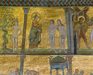 La caduta. Dio sorprende Adamo ed Eva nel Giardino. (mosaico)