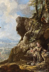San Francesco in estasi presso uno sperone roccioso, oltre un paesaggio (olio su rame)