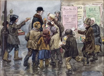 Uno Straniero Attaccato dai Venditori di Sigarette a Pietrogrado di Vladimirov, Ivan Alexeyevich (1869-1947). Acquerello, Gouache su Carta