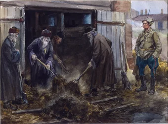 Un gruppo di sacerdoti russi costretti a pulire le stalle della caserma di Vladimirov, Ivan Alexeyevich