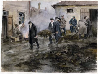 Borghese che pulisce una stalla (dalla serie di acquerelli Rivoluzione russa) - Vladimirov, Ivan Alexeyevich (1869-1947) - 1920 - Acquerello su carta - 25,8x34,4 - Collezione privata
