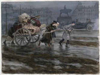Famiglia che trasporta i propri beni su un carretto