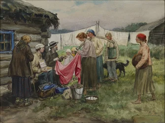 Anni di Fame a Pietrogrado. Scambio di Merci per Provviste in un Villaggio Vicino a una Stazione Ferroviaria di Vladimirov, Ivan Alexeyevich (1869-1947). Acquerello, Gouache su Carta
