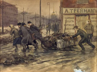 Ricchi mercanti e nobili russi intenti a rimuovere rifiuti dai cortili