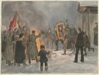 Soldati che bruciano dipinti dalla serie di acquerelli Rivoluzione russa, 1917