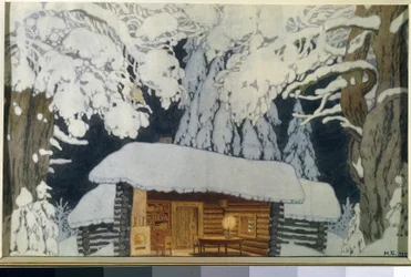 Casa di legno nella foresta innevata. Scenografia per la pièce teatrale "Il comandante Suvorov"
