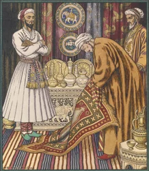 Il principe Ali che compra un tappeto. Illustrazione per Fiabe arabe