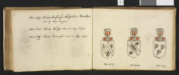 Illustrazione tratta da un archivio privato della Biblioteca nazionale, intitolata Insignia quædam virorum illustrium in Norvegia quodam habitantium, di Iver Nielssøn Hirtzholm