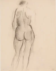 Modello femminile in piedi, visto da dietro