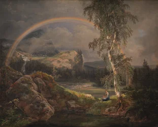 Paesaggio norvegese con arcobaleno