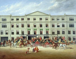 Cambio di cavalli fuori dal Plough Inn, Cheltenham, 1870
