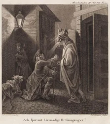 Abracadabra. Ah, risparmia la mia vita, Signor Fantasma! Incisione dal Galleria Holberg di Lorentzen.