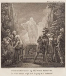 Melampe. Se perseverate ancora e indurite i cuori, questo spirito vi spaventerà giorno e notte? Incisione da Llorentzens Holberg Galleri.