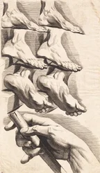 Foglio di studio di piedi e una mano che tiene un bastone