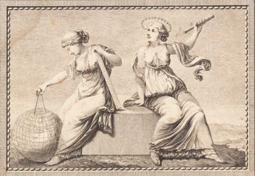 Urania e Gaea sedute su un blocco di pietra quadrato