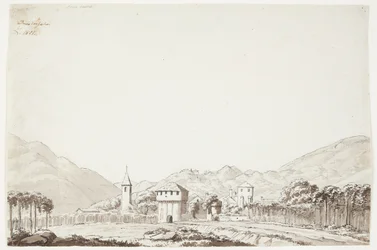 Paesaggio da Domodossola in Svizzera con chiesa e torre di guardia