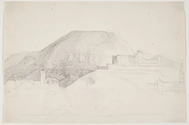 Studio di paesaggio con montagna e edifici. Spoleto, Italia