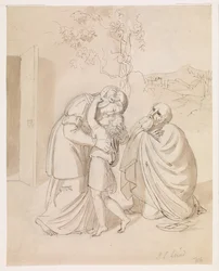 Sara saluta Isacco, Abramo in ginocchio