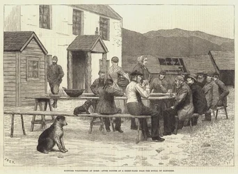 Volontari scozzesi a casa, dopo cena in una fattoria di pecore vicino allo Spital di Glenshee