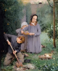 Bambini che seppelliscono un uccello