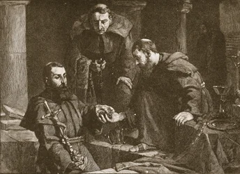 Nascondere tesori durante la soppressione di un monastero, illustrazione da The Church of England: A History for the People di H. D. M. Spence-Jones, pubblicato ca. 1910