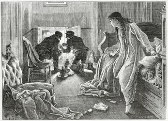 Alzai la mano molto delicatamente e tirai fuori il pugnale da sotto il mio cuscino, illustrazione per una storia di crimine thriller 