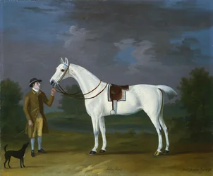 Tabby Runt, un cacciatore grigio con il suo proprietario e un terrier in un paesaggio fluviale, 1776