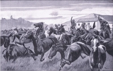 Boeri che saccheggiano il deposito di rimonta a Braamfontein, da Dopo Pretoria: La guerra di guerriglia pubblicata da Harmsworth Bros Limited, 1901
