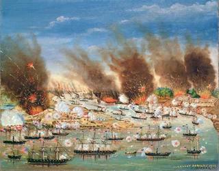 La flotta di Farragut che passa Fort Jackson e Fort St. Philip, 1862