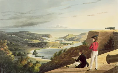 Veduta del Porto Inglese, Antigua dal Forte di San Giorgio, Monks Hill, inciso da T. Fielding, pub. da T. e G. Underwood, 1827