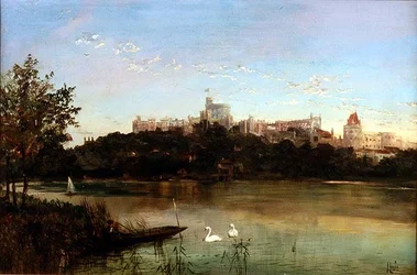 Figure in una barca e cigni sul Tamigi con il Castello di Windsor sullo sfondo