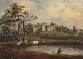 Una vista del castello di Hornby, Yorkshire, con un pescatore e bestiame sulle rive del fiume Wenning