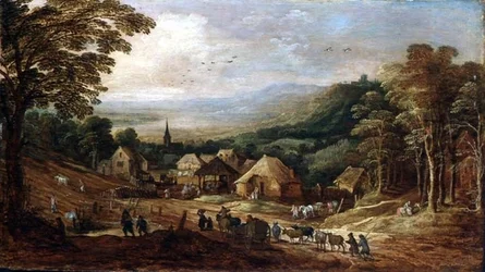 Paesaggio autunnale con contadini