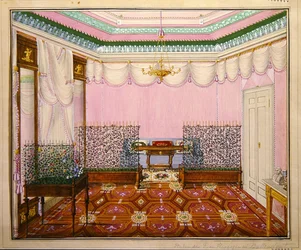 Una sala di scrittura neoclassica Biedermeier nel castello di Ballenstedt, Sassonia-Anhalt