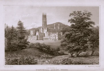 Vista sud-ovest di Fonthill Abbey, inciso da T. Higham, 1823