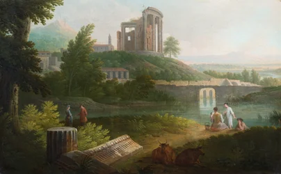 Paesaggio pastorale italiano con rovine classiche su una scogliera sopra un lago (olio su tela)