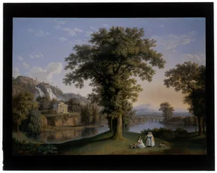 Paesaggio ideale con le piccole cascatelle e la villa di Mecenate a Tivoli