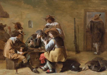 Interno di una guardiola con cavalieri che giocano a carte (olio su tavola)
