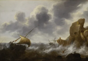 Una barca da pesca al largo di una costa rocciosa in una tempesta con un relitto