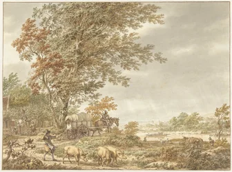 Paesaggio collinare con pastore di maiali e altre figure, un fiume in lontananza