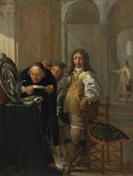 Un cavaliere che vende la sua merce, con un vecchio che legge un documento e un ragazzo che tiene in mano una moneta