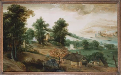 Un paesaggio esteso con cottage in primo piano, 1561