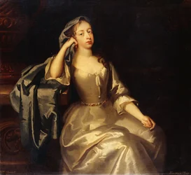 Ritratto di Mrs. Tyrell, tre quarti di lunghezza, in un vestito di raso bianco e scialle blu, il braccio destro appoggiato su un plinto, un paesaggio oltre