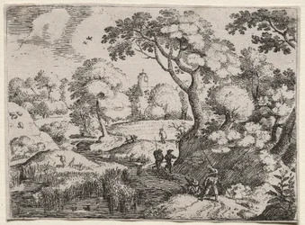 Sei paesaggi: Sentiero tra palude e banca boscosa, c. 1595