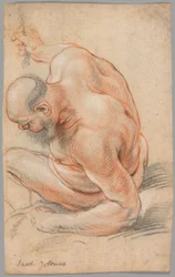 Vecchio nudo seduto, appoggiato sull
