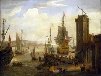Scena di attività sui moli in un porto britannico, navi inglesi e olandesi che caricano merci
