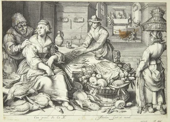 Scena di cucina con una cuoca che spenna il pollame