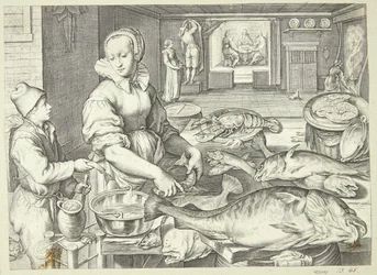 Scena di cucina con una cuoca che pulisce il pesce